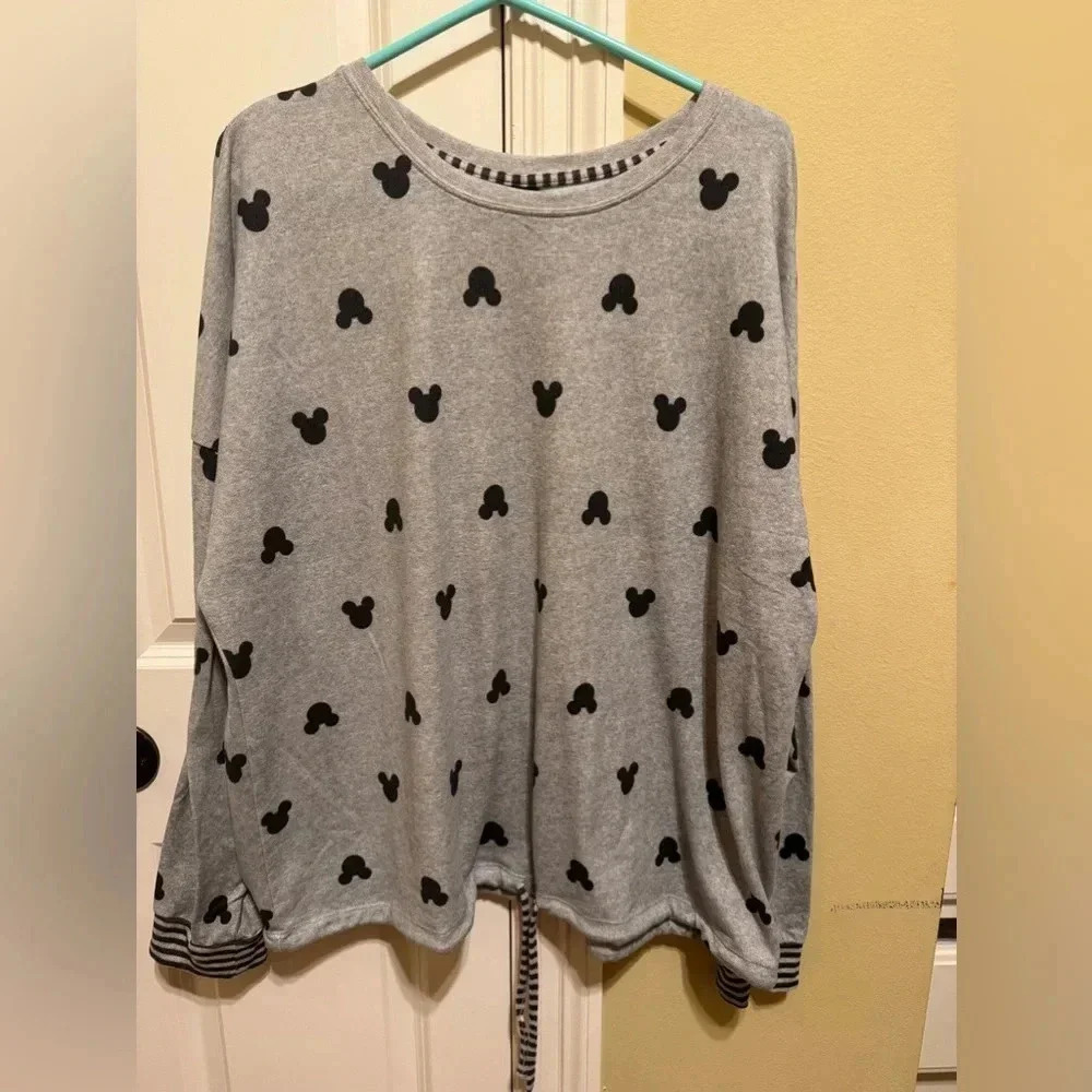 Disney Grey Black Drawstring Waist Mickey Mouse Long Sleeve Top Sz XL